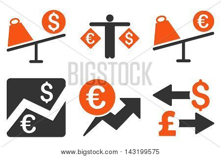 Currency Trading vector icons. Pictogram style is bicolor orange and gray flat icons with rounded angles on a white background.