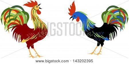 Couple of colorful roosters in different poses