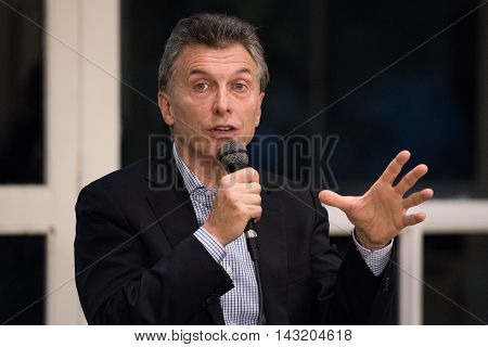 Olivos Argentina - May 6 2016: President of Argentina Mauricio Macri during a press conference for the foreign press at the presidential residence in Olivos Buenos Aires on May 6 2016.