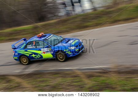 Moscow Russia - Apr 18 2015: Safety Car Subaru Impreza WRX STI during the Rally Masters Show 2015 at the Krylatskoye District.
