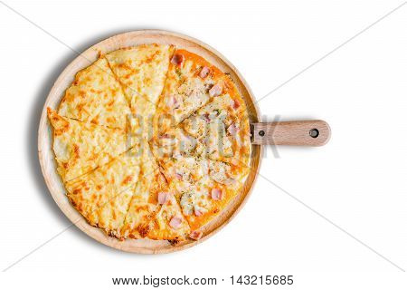 Homemede Pizza on wooden plate isolate on whitebackground cliping path