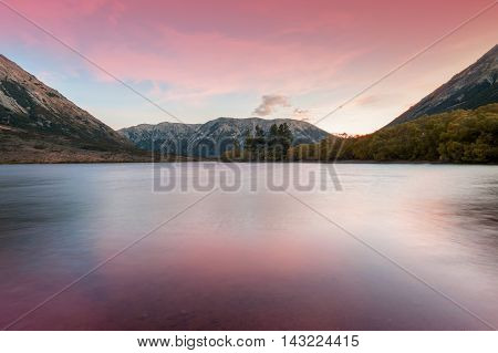 Sunset At Lake Pearson / Moana Rua Wildlife Refuge Located In Craigieburn Forest Park In Canterbury