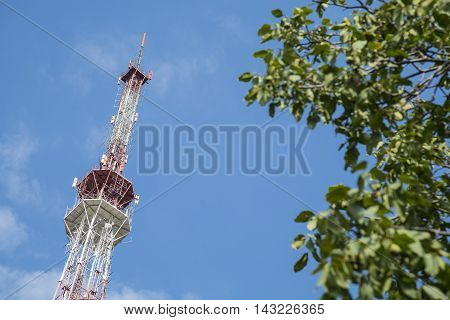 Broadcast transmitting antenna for radio and television signal on green tree and sky background.