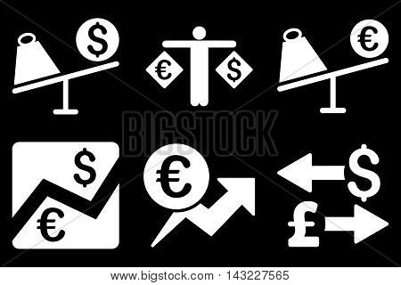 Currency Trading vector icons. Pictogram style is white flat icons with rounded angles on a black background.