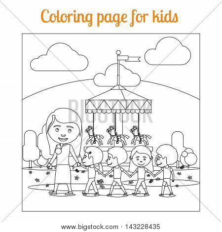Coloring book page for kids with amusement park. vector illustration