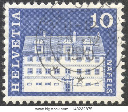 MOSCOW RUSSIA - CIRCA JUNE 2016: a post stamp printed in SWITZERLAND shows Freuler Mansion Nafels circa 1968