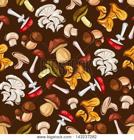 Forest Mushrooms seamless background. Wallpaper with vector pattern icons of amanita, champignon, lactarius, boletus, porcini, milk mushroom, lactarius, boletus