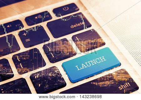 LAUNCH : Close up green button keyboard computer. Vintage Effects. Digital Business and Technology Concept.