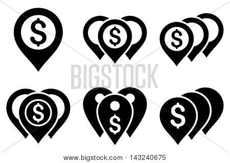 Money Map Markers vector icons. Pictogram style is black flat icons with rounded angles on a white background.