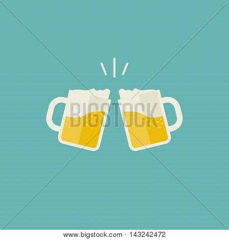 Clink mugs with beer icons. Glasses with alcoholic beverage in flat style.