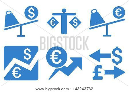 Currency Trading vector icons. Pictogram style is cobalt flat icons with rounded angles on a white background.