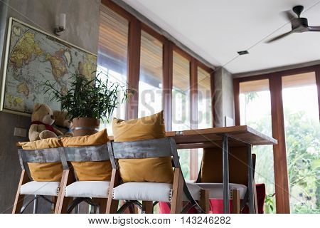 Living Room Interior Decoration Cafe Coffee With Wooden Bar And Chair Barstool
