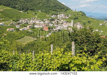 Small italian town Valdobbiadene surrounded by vineyards zone of production of traditional italian white sparkling wine Prosecco