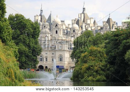 The Whitehall district from St. James Park in London, UK