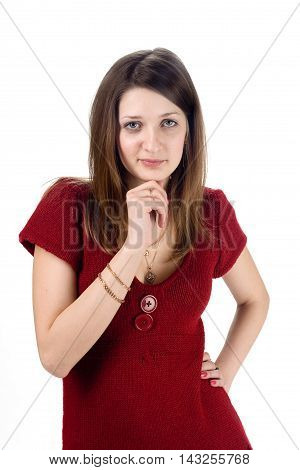 Smiling girl showing its superiority on white background