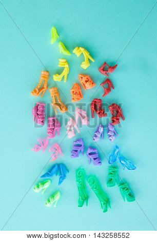 Variety of colorful high heeled woman shoes