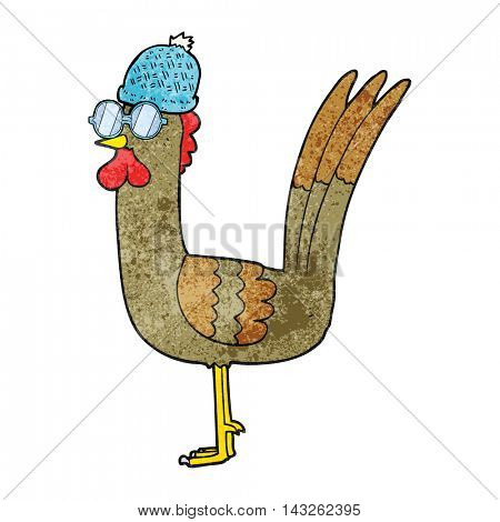 freehand textured cartoon chicken wearing spectacles and hat