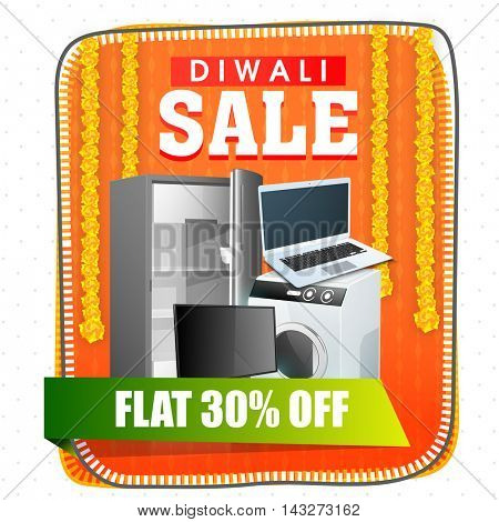 Diwali Sale Flyer, Flat Discount Offer Banner, Sale Poster, 30% Off, Creative promotional background with electronic appliances, Vector illustration for Indian Festival celebration.