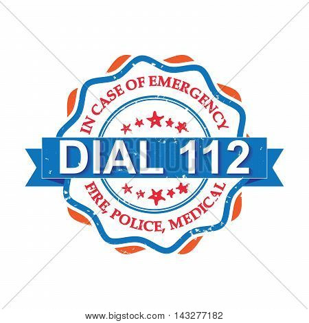 Dial 112 - orange blue grunge label. Fire, Police, Medical - In case of Emergency, dial 112. Grunge stamp / sticker. Grunge layer is applied exactly on the colored stamp.