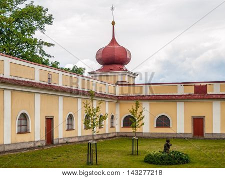 Green courtyard of Monastery and place of pilgrimage on Mountain of Holy Mother, Horni Hedec, Czech Republic