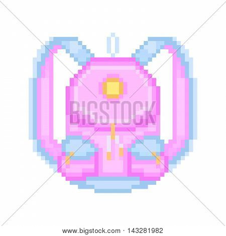 Vector pixel art icon pink girl rucksack with light blue straps and pocket flaps design and golden furniture. Trendy hipster casual woman city backpack. School or college girl student bag.
