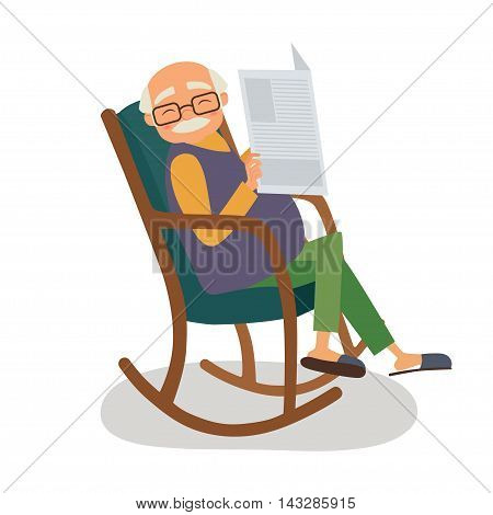 Old man with papernews in his rocking chair. Vector illustration