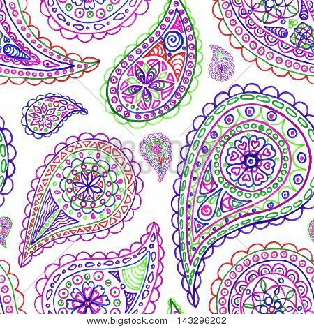 Paisley buta doodle colorful line art seamless pattern vector