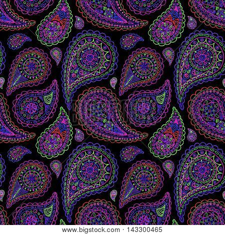 Paisley buta doodle colorful line art seamless pattern