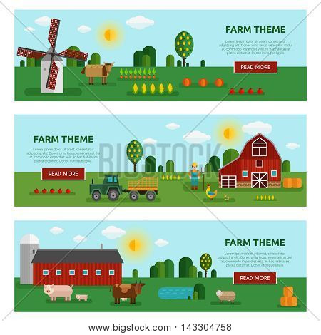Three horizontal colored flat farm vegetables banner set with farm themes descriptions vector illustration