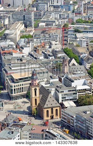 FRANKFURT AM MAIN GERMANY - AUGUST 6 2015 - Aerial view of Katharinenkirche (St. Catherine' church) in the old city center at Hauptwache plaza.