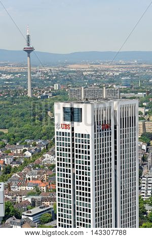 FRANKFURT AM MAIN GERMANY - AUGUST 6 2015: Aerial view of Opernturm and Europaturm from the observatory deck of the Mian Tower. Frankfurt is the largest financial centre in continental Europe.