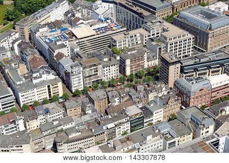 Aerial view of a residential part of the city of Frankfurt am Main Germany from the observatory deck of the Mian tower. Frankfurt is the largest fof inancial centre in continental Europe.