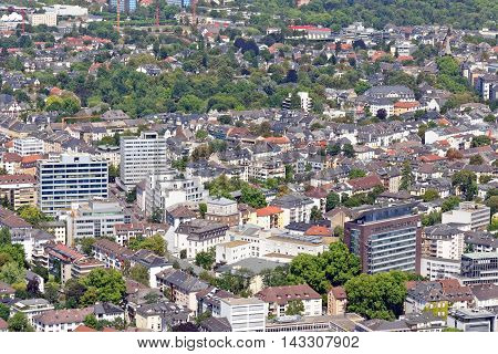 Aerial view of a residential part of the city of Frankfurt am Main Germany from the observatory deck of the Mian tower. Frankfurt is the largest fof inancial centre in continental Europe.