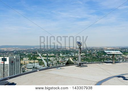 FRANKFURT AM MAIN GERMANY - AUGUST 6 2015: Aerial view of the central business district from the observatory deck of the Main tower. Frankfurt is the largest financial center in continental Europe.