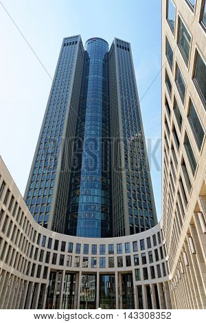 FRANKFURT AM MAIN GERMANY - AUGUST 7 2015: Tower 185 (PWC Tower) is a 55-storey 200 m skyscraper in the Gallus district of Frankfurt. It is the 4th tallest building in the city.