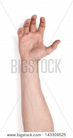 Grasping hand of a man isolated on white background. Holding gesture. Body language. Grasping and grabbing.