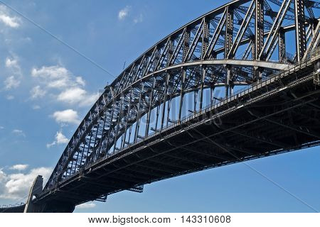 SYDNEY, AUSTRALIA - APRIL, 2016 : Partial view of Harbour Bridge in Sydney, Australia on April 20, 2016. Low angle view of steel arched bridge connecting central business district and North Shore