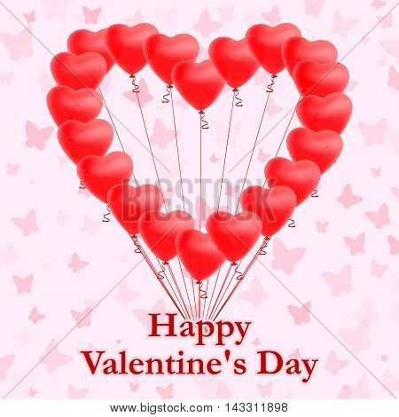 Red heart shaped balloons on pink background with butterflies. Greeting card. Vector illustration.