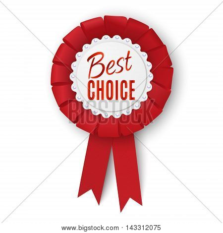 Realistic red fabric award ribbon isolated on white background. Badge Best choice. Vector illustration.