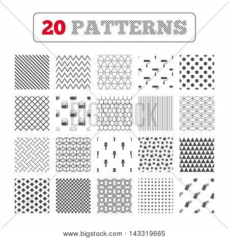 Ornament patterns, diagonal stripes and stars. Painting roller, brush icons. Spray can and Bucket of paint signs. Wall repair tool and painting symbol. Geometric textures. Vector