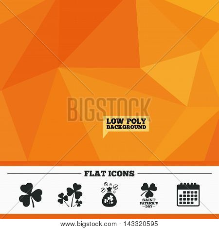 Triangular low poly orange background. Saint Patrick day icons. Money bag with clover and coins sign. Trefoil shamrock clover. Symbol of good luck. Calendar flat icon. Vector