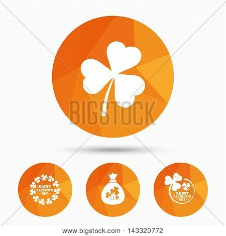Saint Patrick day icons. Money bag with clover sign. Wreath of trefoil shamrock clovers. Symbol of good luck. Triangular low poly buttons with shadow. Vector