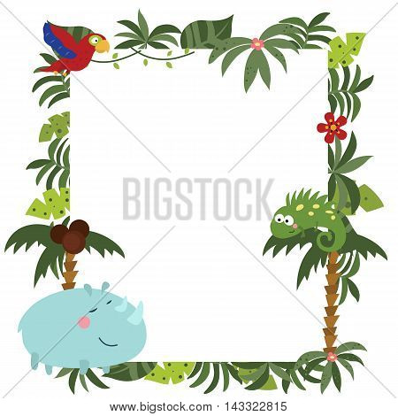 Frame with a variety of cute African animals. Funny card with empty space for text. White background.