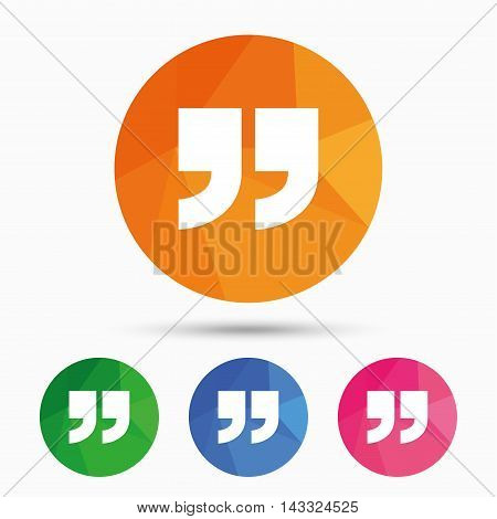 Quote sign icon. Quotation mark symbol. Double quotes at the end of words. Triangular low poly button with flat icon. Vector
