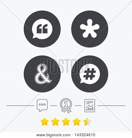 Quote, asterisk footnote icons. Hashtag social media and ampersand symbols. Programming logical operator AND sign. Speech bubble. Chat, award medal and report linear icons. Star vote ranking. Vector