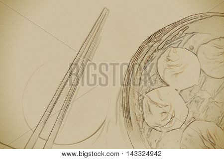 Traditional chinese food, steamed dumpling served on table in a wooden dish and with wooden chopsticks. Vintage painting, background illustration, beautiful picture, travel texture
