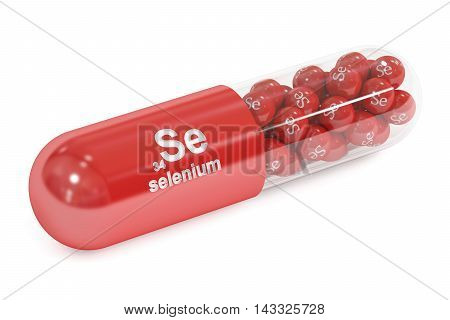 Capsule with Se selenium element Dietary supplement 3D rendering isolated on white background