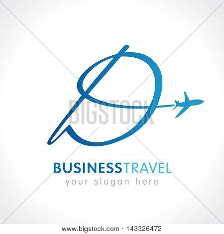 D travel company logo concept. Airlines, transportation or logistics company d name with flying plane. Branding identity, vector emblem. Isolated abstract graphic design template. Blue label.