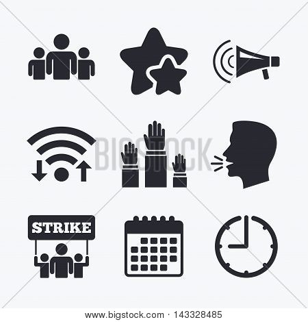 Strike group of people icon. Megaphone loudspeaker sign. Election or voting symbol. Hands raised up. Wifi internet, favorite stars, calendar and clock. Talking head. Vector