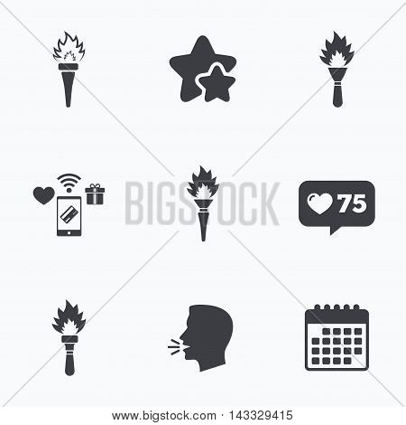 Torch flame icons. Fire flaming symbols. Hand tool which provides light or heat. Flat talking head, calendar icons. Stars, like counter icons. Vector